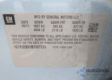 2011 Chevrolet Cruze Eco from USA, damaged, VIN 1G1PJ5S91B7307233